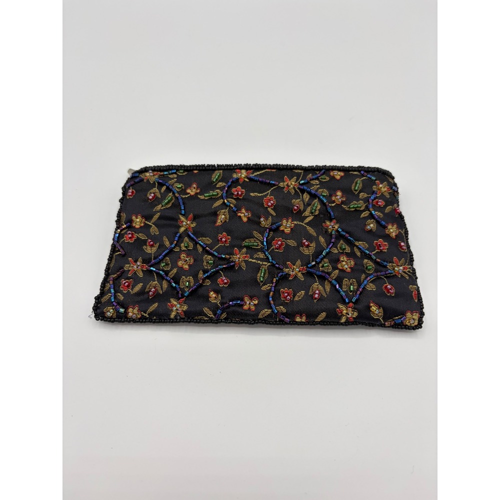 Vintage Floral Beaded Embroidered Satin Zipper Pouch Black Small Evening Clutch